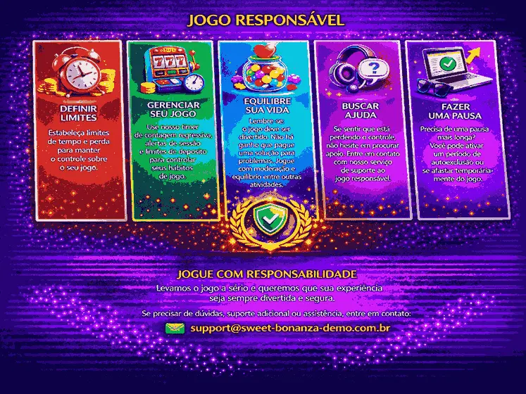 Banner de jogo responsável com dicas para definir limites gerenciar seu jogo equilibrar sua vida buscar ajuda e fazer uma pausa com contato support@sweet-bonanza-demo.com.br