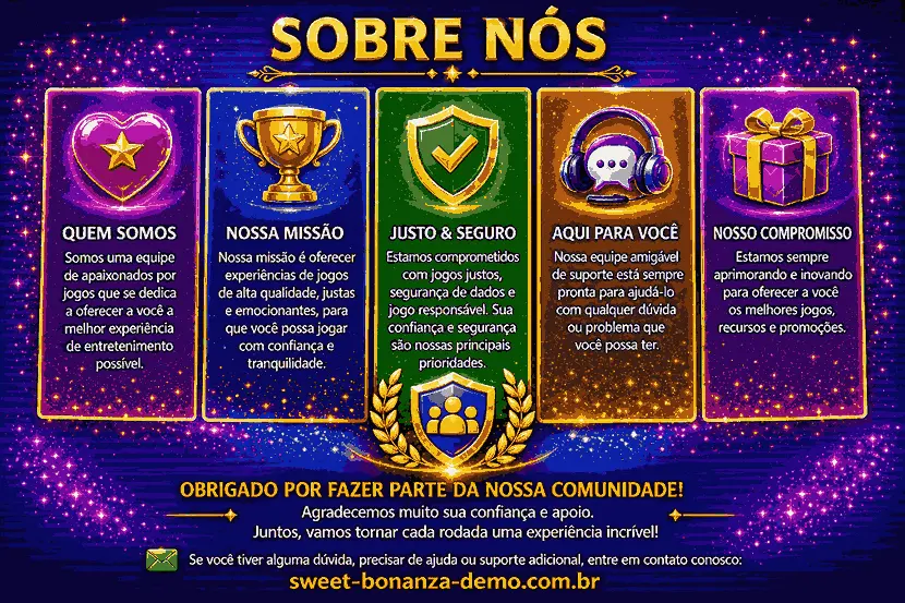 Banner “Sobre Nós” do Sweet Bonanza Demo com ícones coloridos de jogos, informações sobre missão, segurança, suporte, compromisso com a comunidade e contato sweet-bonanza-demo.com.br.